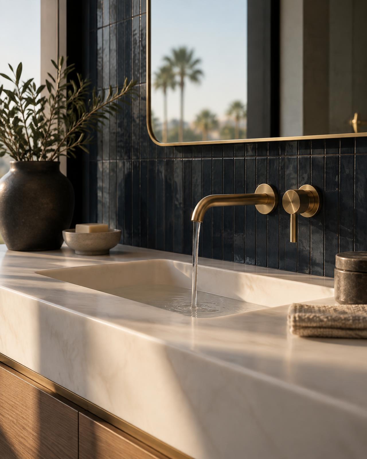 Brushed brass faucet running clean water into a stone sink in a modern Los Angeles bathroom